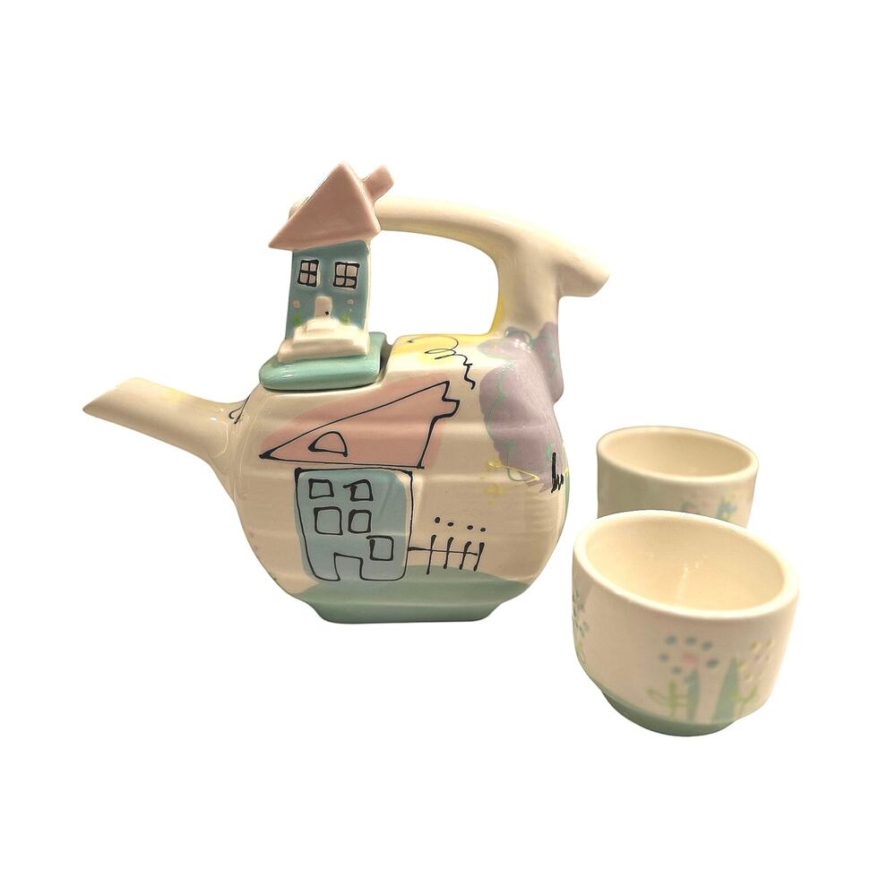 Vintage Pastel House Warming Dog Sculpture Post Modern 90s Teapot Signed cups